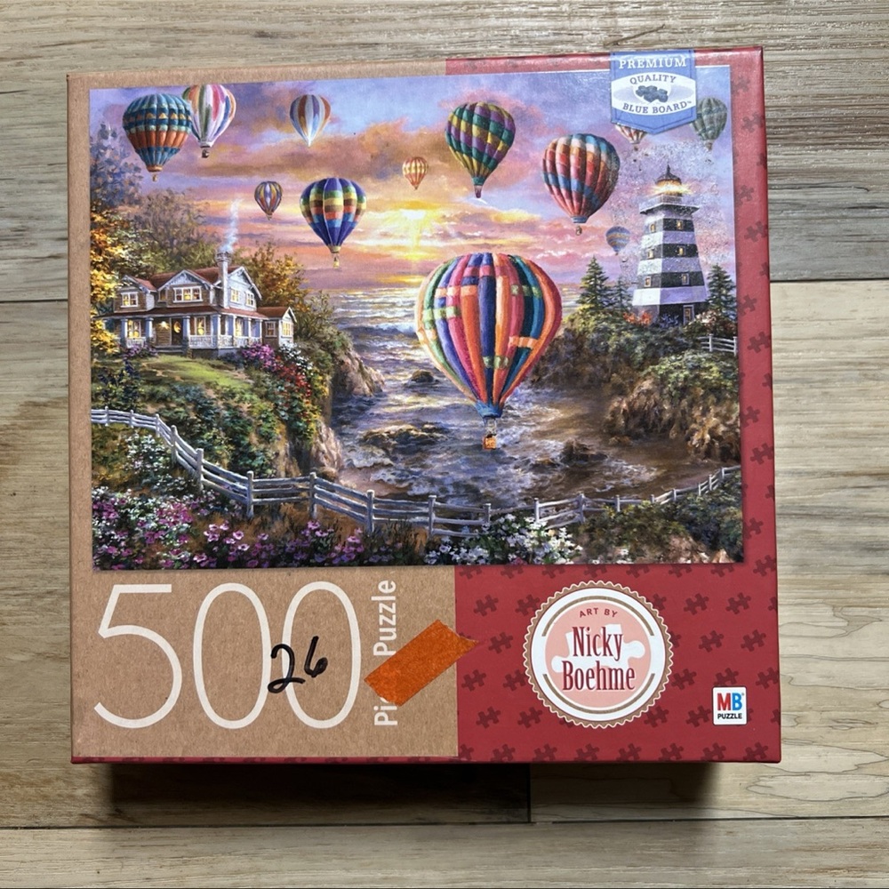 500 Piece - 24 X 18 "Balloons Over Cottage Cove" Puzzle - Art by Nicky Boehme